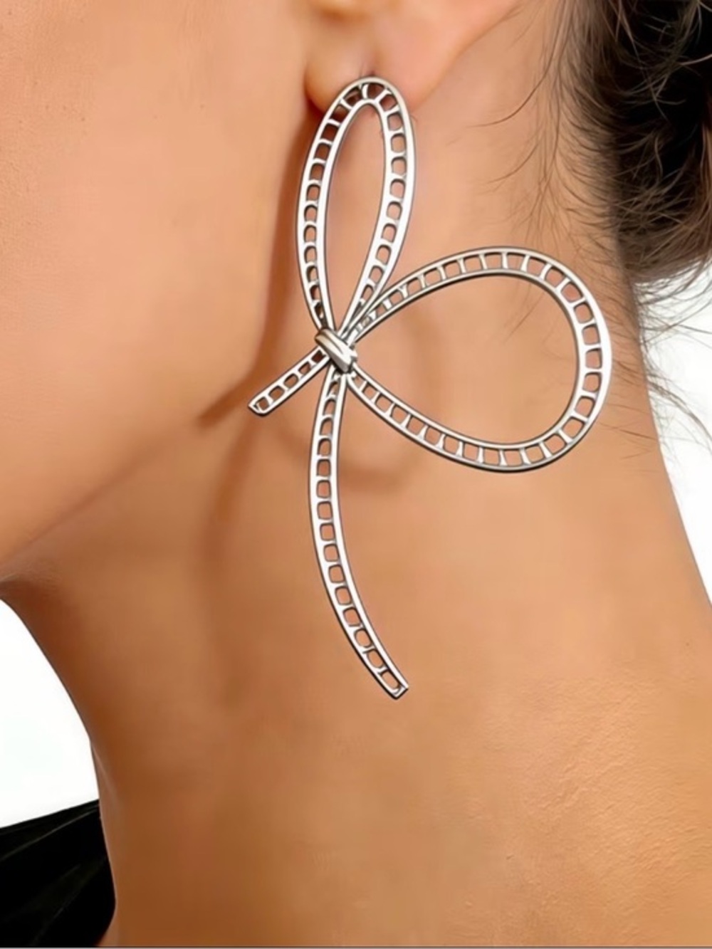 Silver Openwork Bow Earrings - Women Jewelry